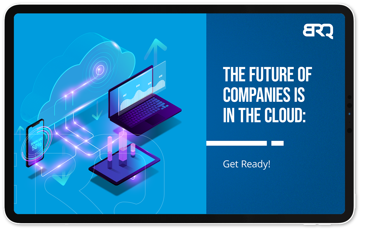 Image of a tablet device with an ebook cover. The image displays several devices connected to the cloud.